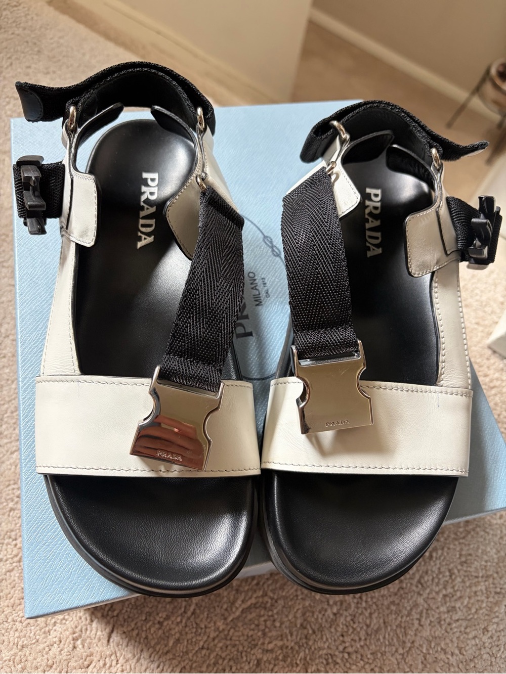 Prada Black and White Platform Sandals with Silver Hardware - Picture 12 of 16